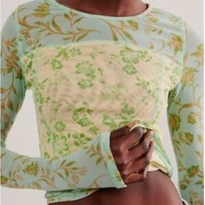 Free People Green and Cream Floral Long Sleeve Top